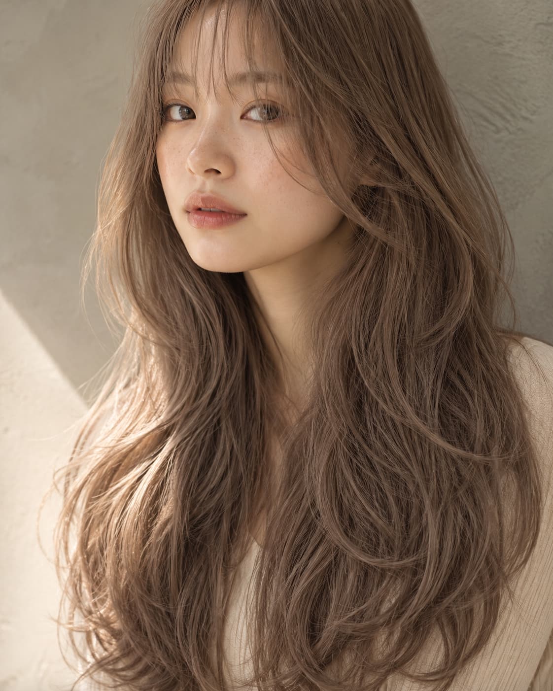 시스루뱅 롱 레이어드 애쉬 베이지